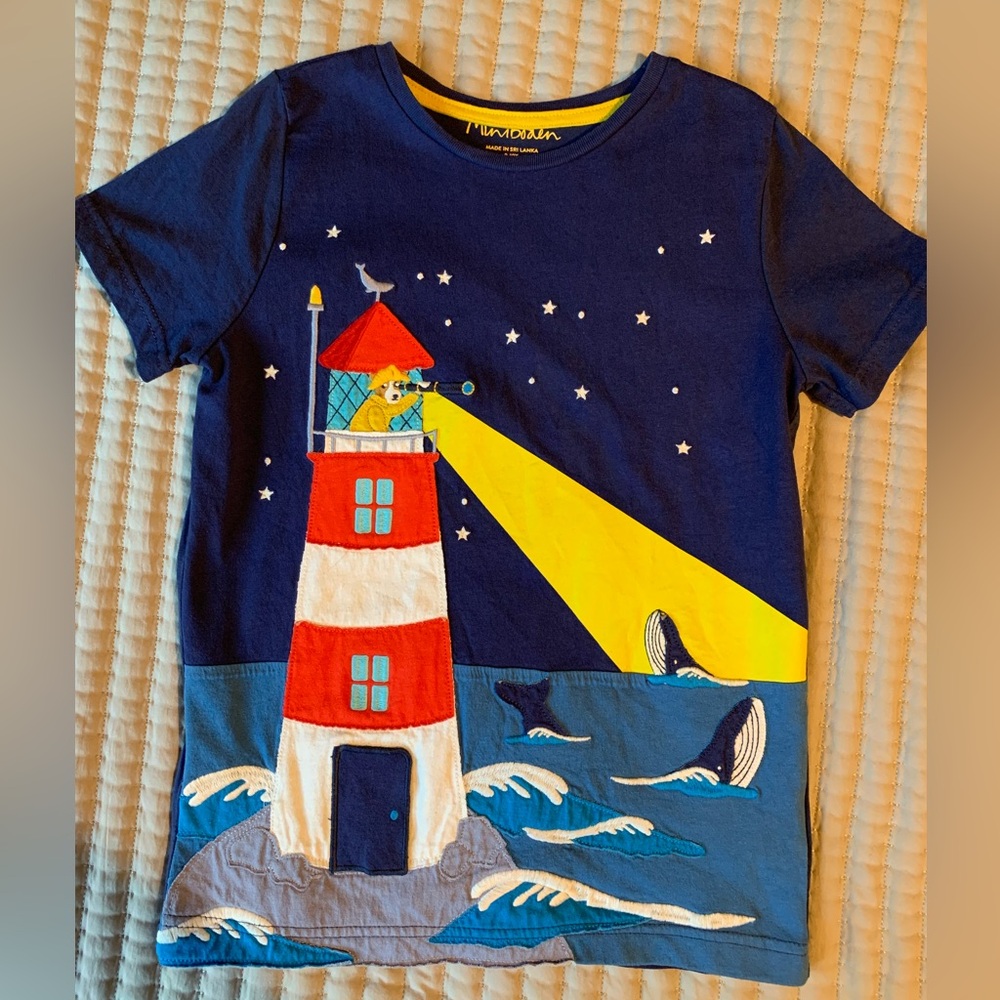 Mini Boden Lift The Flap appliqué tee with lighthouse, dog, whales, seagull
